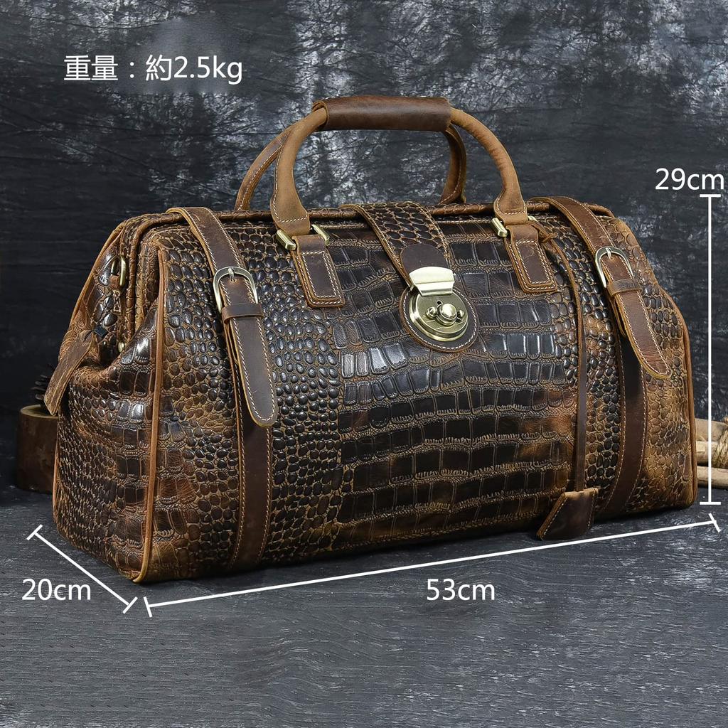 Genuine Leather Boston Bag for Large Fits Travel Cowhide Leather with Crocodile Handbag with Bottom Stands Metal Frame Shoulder Business Trip