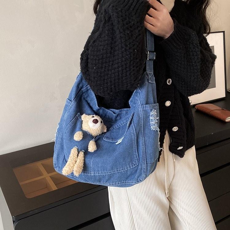 Adorable Korean Style Cartoon Denim Shoulder Bag For Students Casual Look In Blue