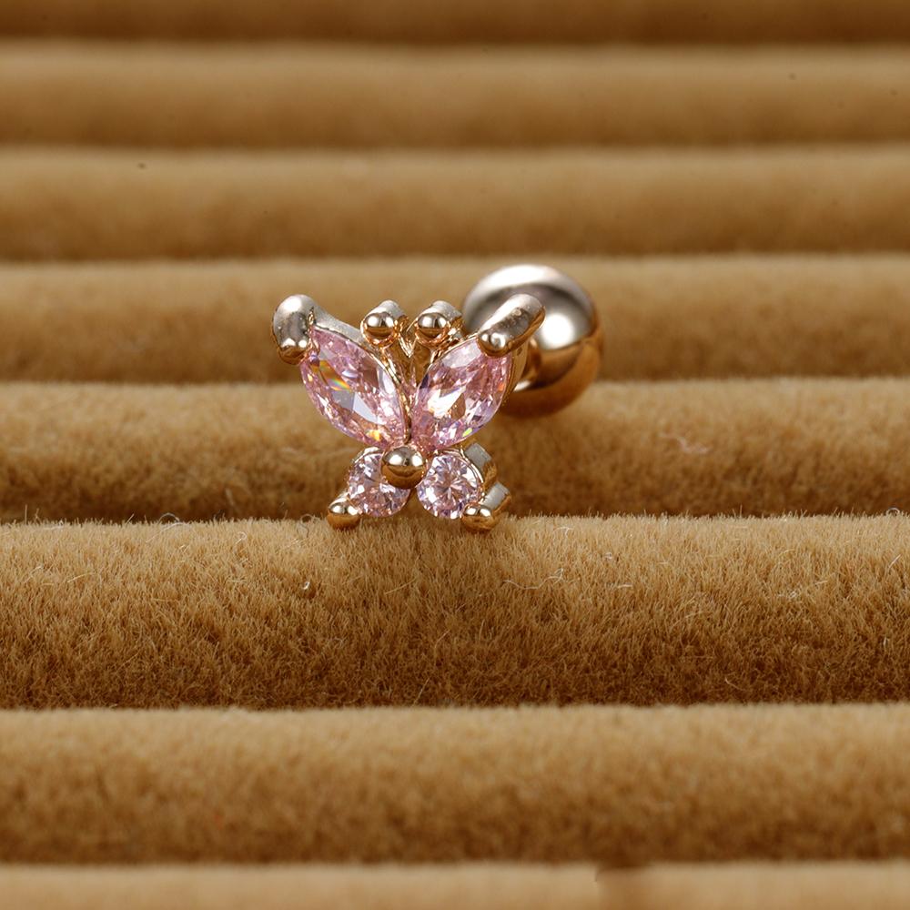 1PC Stainless Steel Tragus Helix Butterfly Piercing Earrings for Women Trendy Cute Pink Zircon Stud Earring Piercing Jewelry