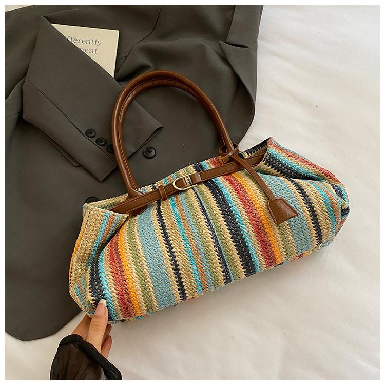 

Large capacity fashion handbag 2025 summer new woven vegetable basket straw bag trendy stripe splicing tote bag коричневый