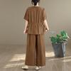 Women's Large Size Tencel Cotton-Linen Summer Suit: Slimming Round Neck Top & Wide-Leg Pants Two-Piece Set