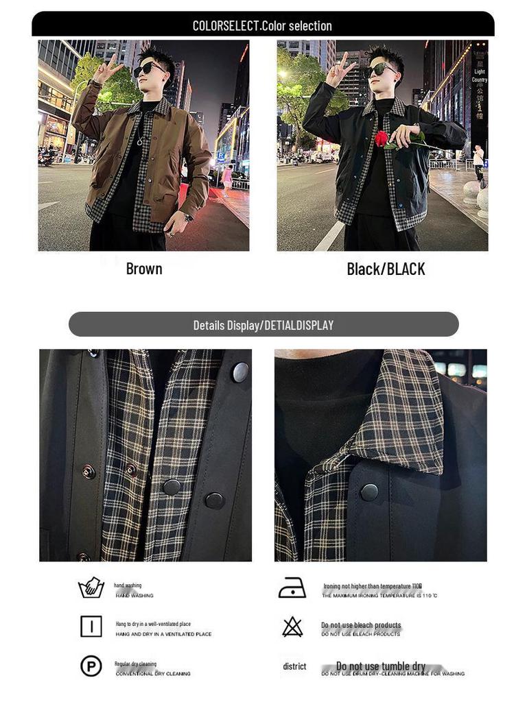 Męska Modna Kurtka w Kratę Patchworkowa z Kołnierzykiem Wykładanym - Nowa Kolekcja Wiosna/Jesień 2025.