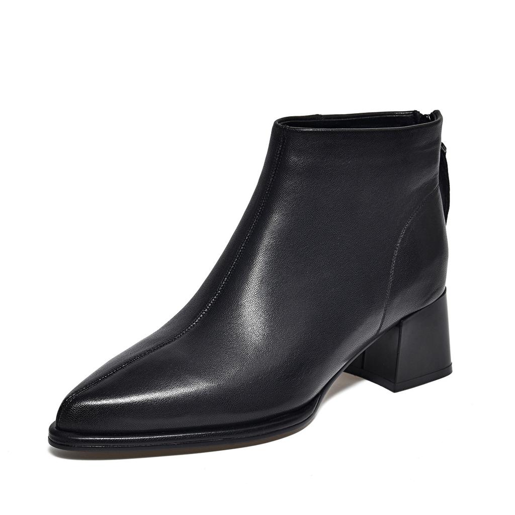 Pointed short boots women's first layer sheepskin rear zipper thick heel ankle boots temperament fashion boots
