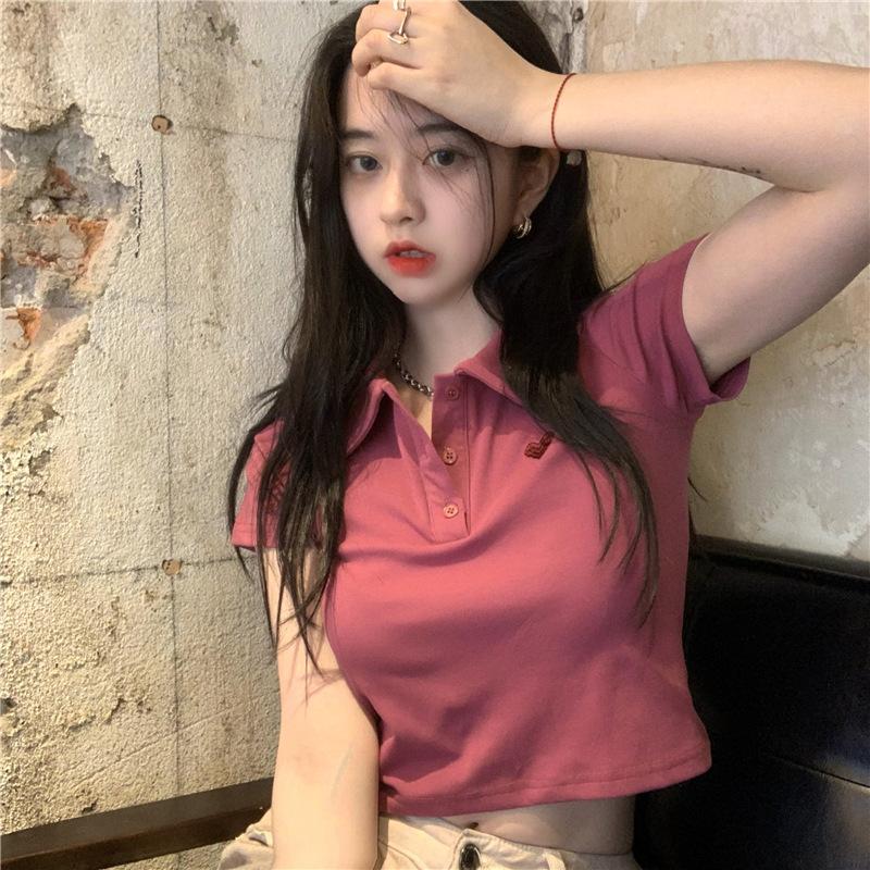 Embroidery Polo collar front shoulder short-sleeved T-shirt women's summer new slim-fit sweet wind short t-shirt short top ins