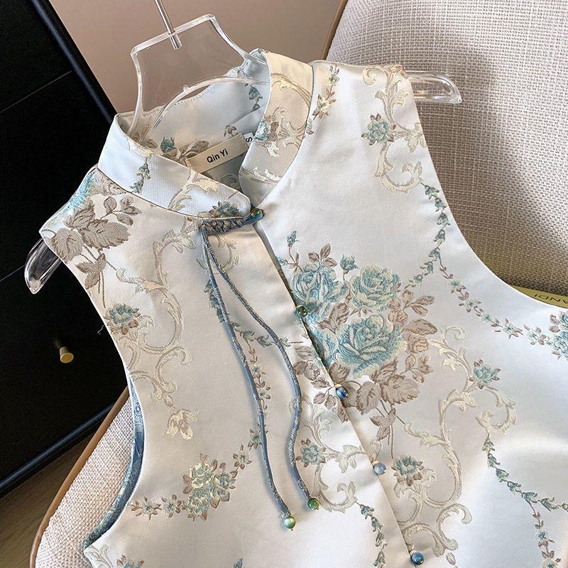 Retro small round neck button jacquard embroidered top spring and autumn outer top