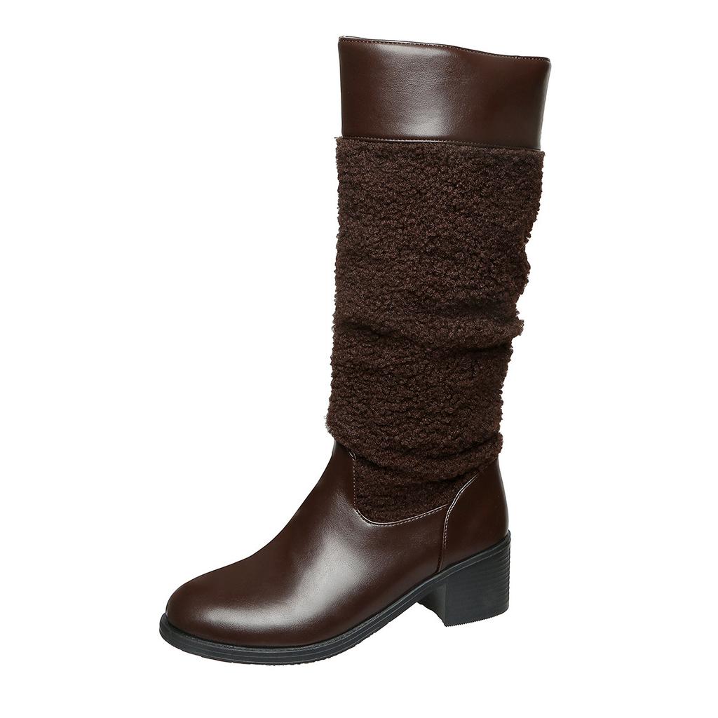 Vintage Leather Chunky Heel Riding Boots for Women  Autumn Winter Plus Size 36-41 Long Boots Knee-High Pleated Botas Mujer