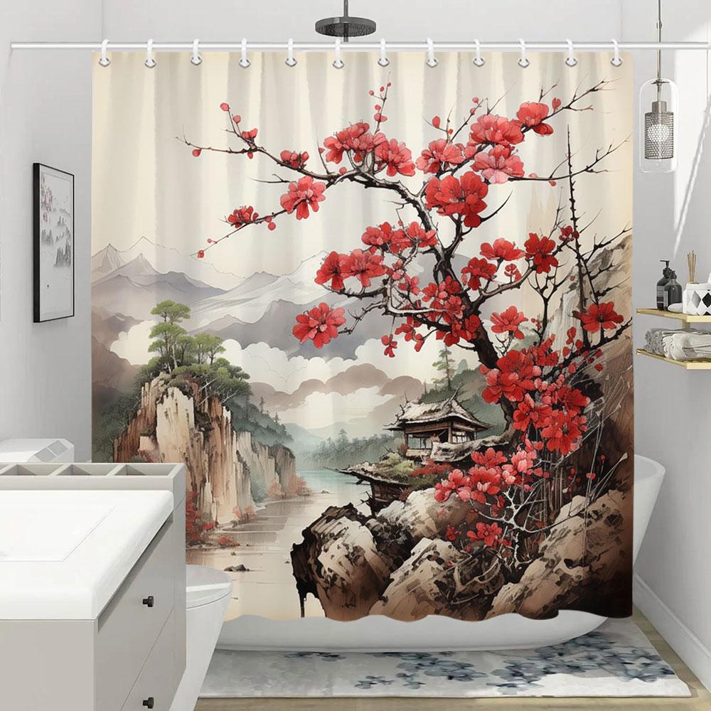 Shower Curtain Red Plum Blossom Branch Japanese Chinese Oriental Sun Misty Mountains Ink Nature Landscape Bathroom Curtains