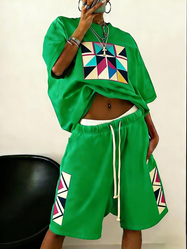 Hip-hop Style Printed Short-sleeved Suit Women's Casual Loose Top and Shorts Are Breathable, Lightweight and Trendy Versatile Two-piece Set