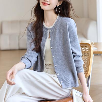 Cardigan élégant pour femme gris tricoté Manteau Bordure dentelle Patchwork Vêtements tricotés Pull Haut