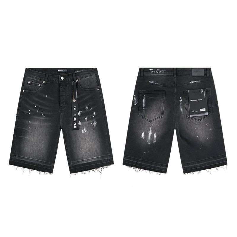 Cross-border European and American Trendy Brand Purple Splashing Ink Hot Diamond Worn Washed Denim Shorts Men's and Women's High Street Straight Five-
