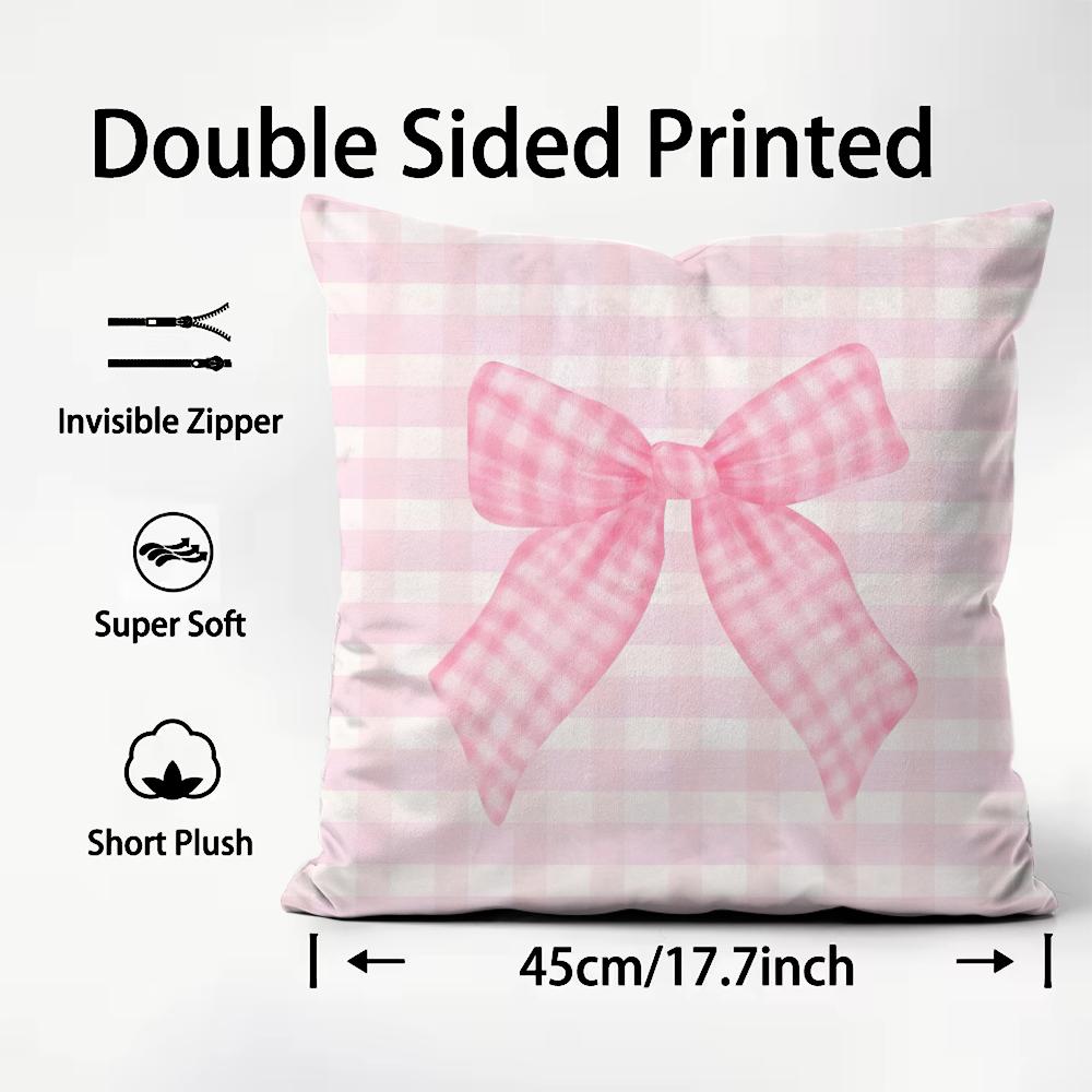 Pink Bow INS Cushion Cover Plush Fabric Soft DoubleSided Printed Sofa Warm Winter Home Child Gift Pillow Case