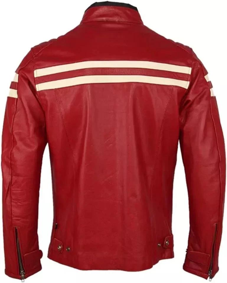 Pánská bunda Červená jehněčí kůže Biker Motocyklová Bílý pruh Stylová Pravá kůže Ručně šitá