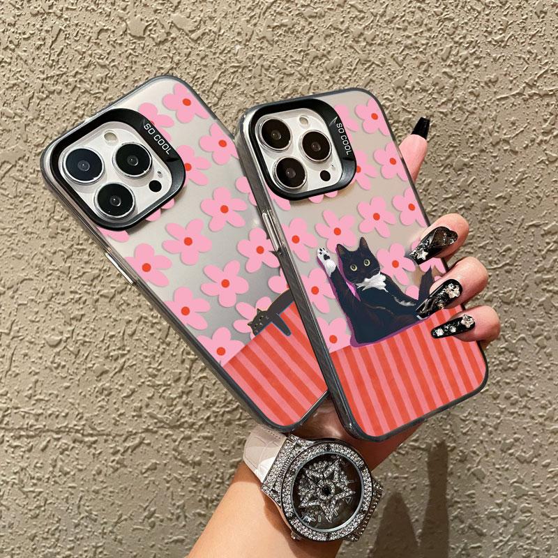 Pink Flower And Black Cats Laser Phone Case for iPhone 15 14 Pro Max Plus 17 16 Pro Max 13 Mini 12 11 Pro Max Shockproof Covers