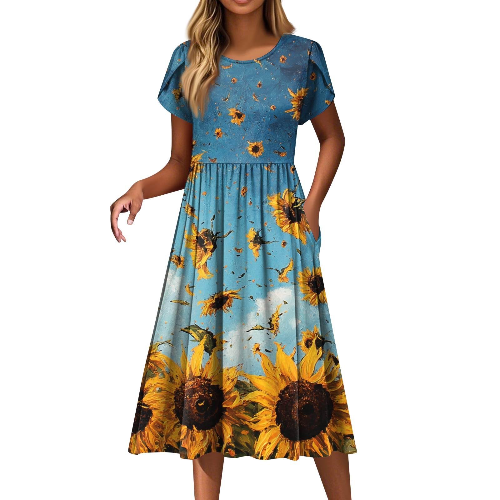 

Женские платья Винтажные цветочные подсолнухи с круглым вырезом и коротким рукавом XXXL синий