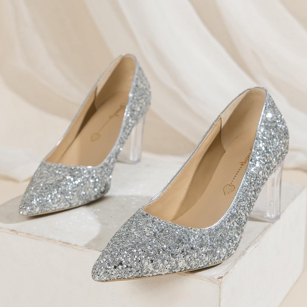 European and American fashion transparent crystal heel thick heel high heel light mouth pointed head sexy nightclub shining sequins single shoes