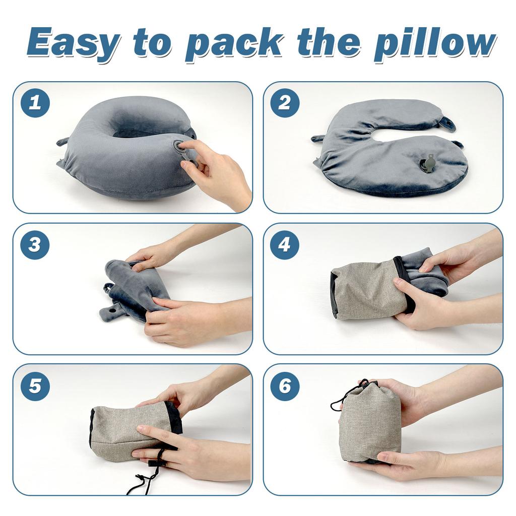 Portable Inflatable Neck Pillow for Travel Super Soft  Material Breathable Cover for Aircraft & Office Naps With Eye Patch