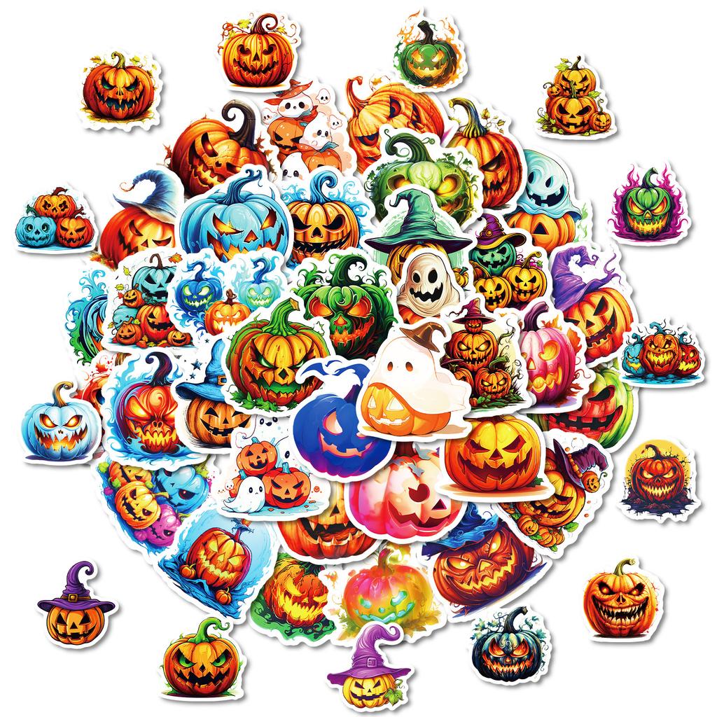 50pcs cartoon pumpkin Halloween decorative stickers, waterproof creative graffiti horror stickers, decorative gifts for kids
