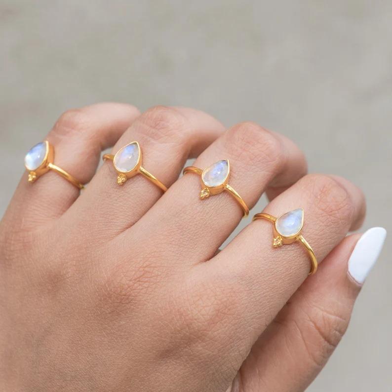 Rainbow Moonstone Ring, Yellow Gold Ring, Solid 925 Sterling Silver Birthstone Ring, Bezel Ring, Bohemian Ring, Partywear Ring, Bezel Ring