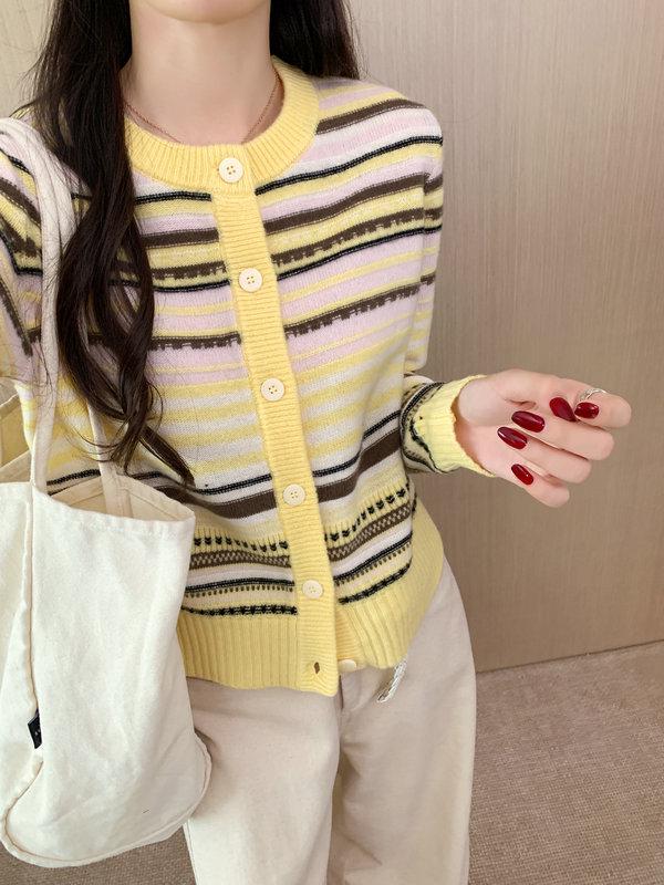 

Женский вязаный кардиган в полоску с цветовыми блоками - Мода Осень/Зима Large (55-70 kg) жёлтый