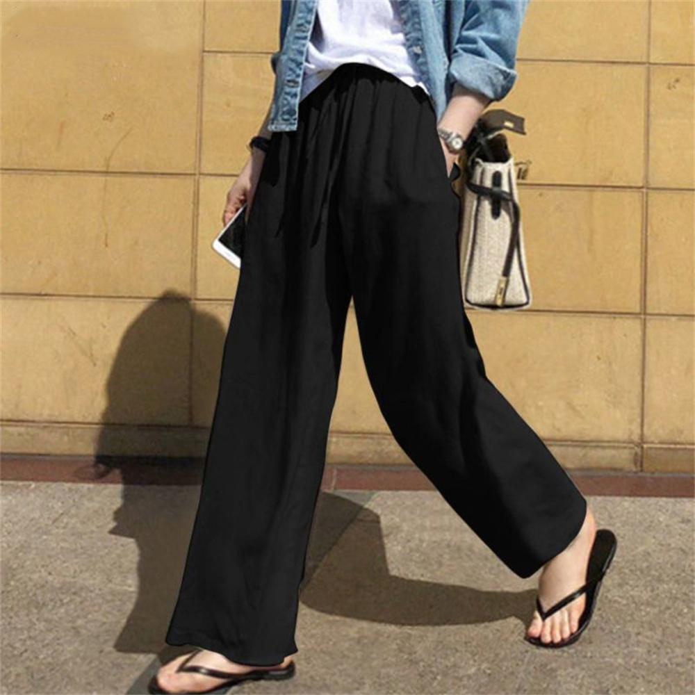 Spring Autumn Women's Wide Leg Pants Plus Size High Waist Solid Color Loose Cotton Linen Pants