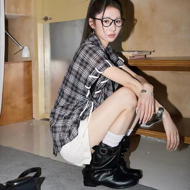 Leather boots personalized hottie thick heel black short tube stacked rivet pant tube boots women's pleated new boots adult
