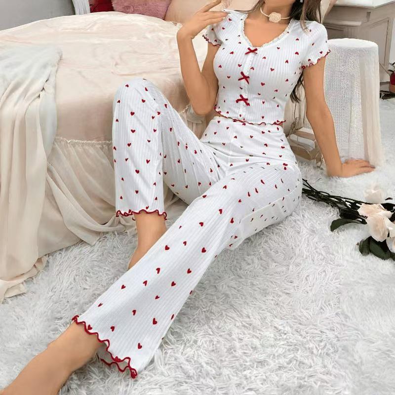 Europäischer & Amerikanischer Damen Pyjama Set mit Herzprint, Kurzarm - Draußen tragbar, Zweiteilige lange Hose Homewear