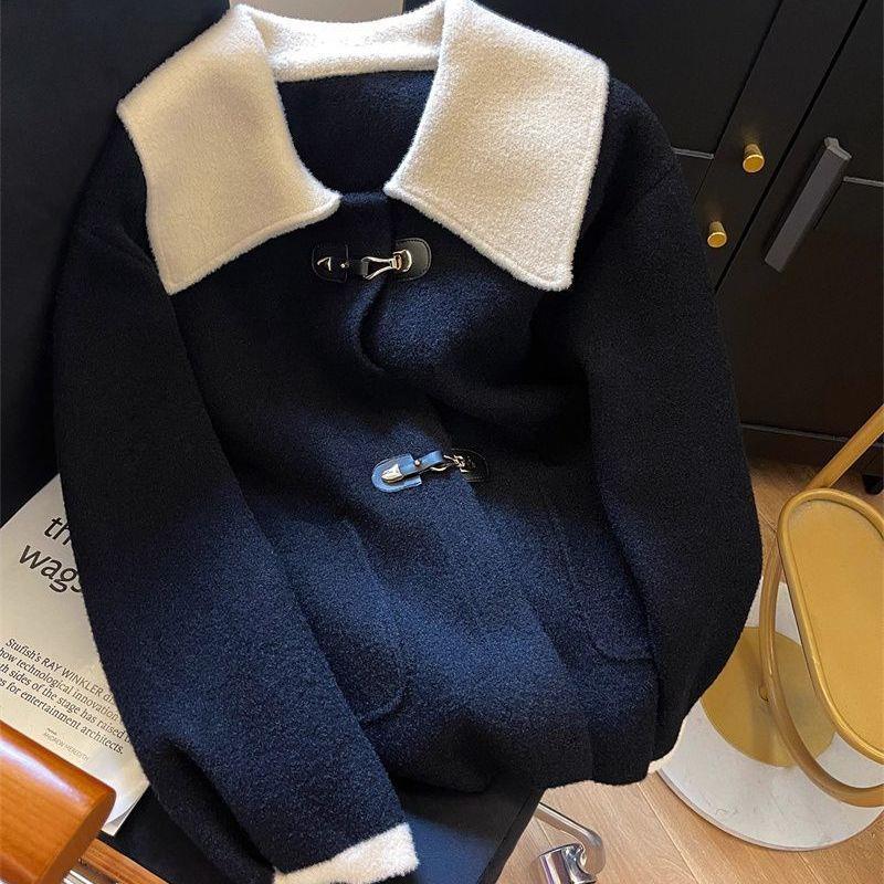 

Women s Winter Woolen Coat with Black Doll Collar and Color Block Design XL 116-135 lbs чёрный