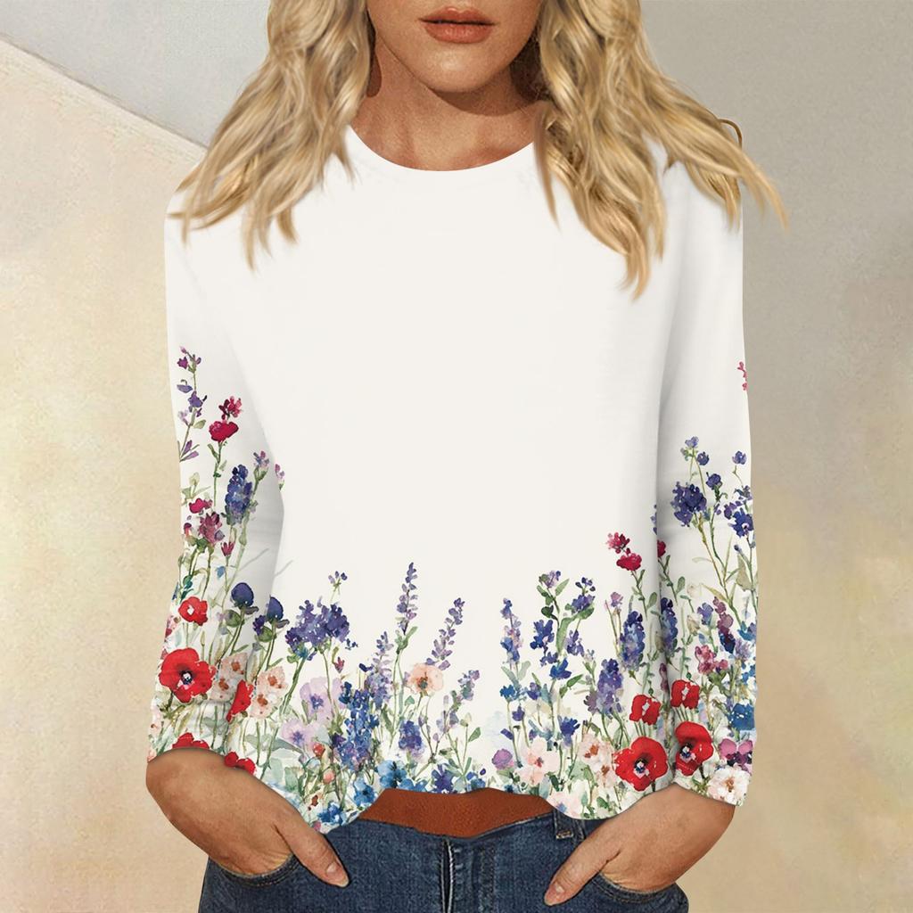 Women's Fashion Casual Round Neck Long Sleeve Printed T-shirt Top