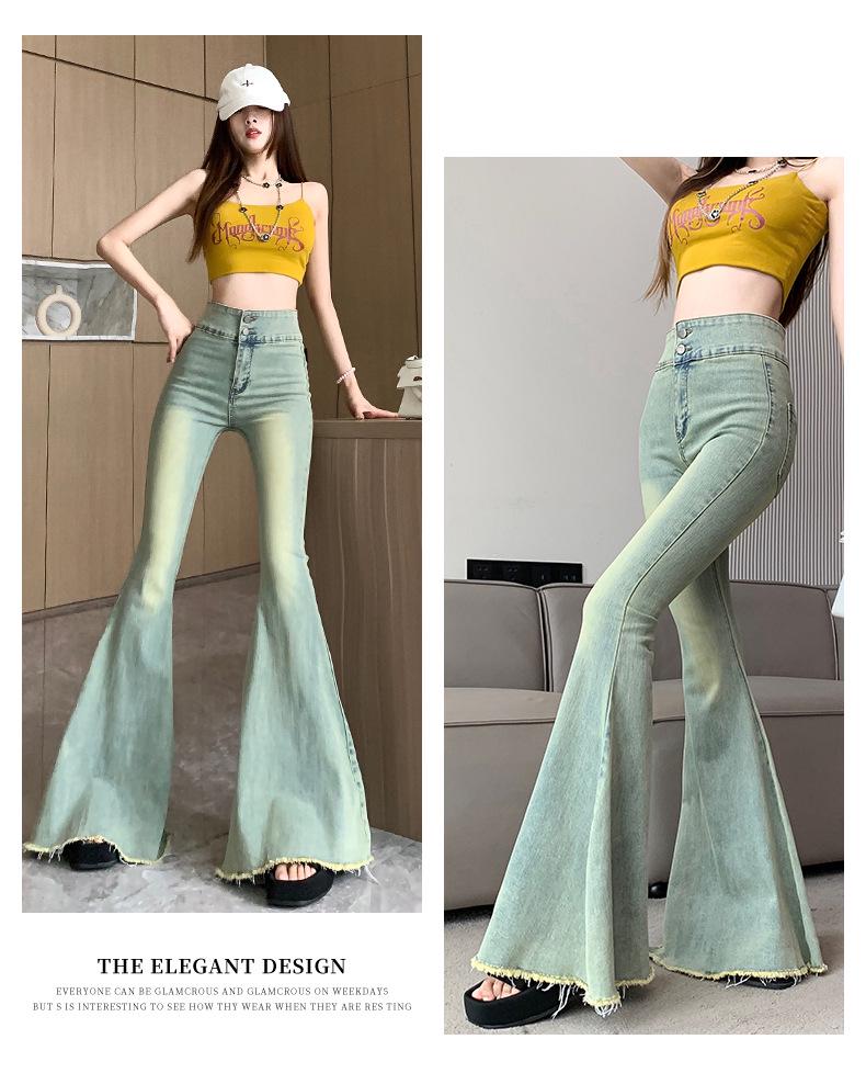 2024 Dam Retro Hög Midja Fishtail Flare Jeans - Smalande Elastiska Vida Ben Golvlånga Byxor