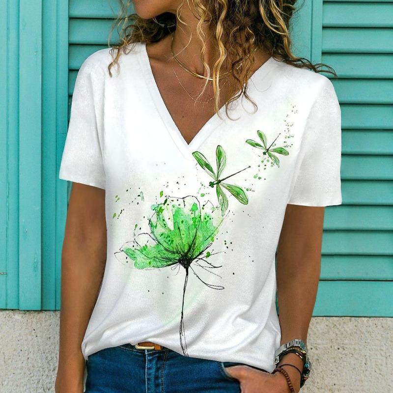 Sommer Kvinner Kortermet V-hals Oversized T-skjorte for kvinner Hvit mote T-skjorte for kvinner 3d Dragonfly Print Topp Uformelle klær