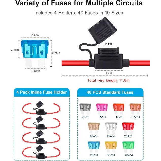 Inline Fuse Holder 12V/24V Waterproof, 4 Pack Heavy Duty 12AWG Automotive Blade Fuse Block For Car Truck Marine Boat RV, Complete Kit With 40Pcs