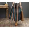 Qooth Women A Line Cotton Pleated Skirt Linen Stripes Wide Hem Mid Length Elastic Waist Skirt QT2651