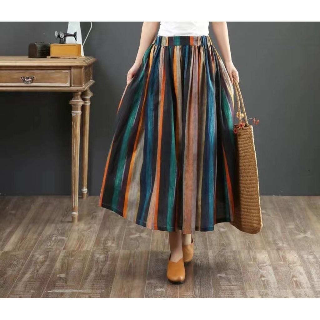 Qooth Women A Line Cotton Pleated Skirt Linen Stripes Wide Hem Mid Length Elastic Waist Skirt QT2651