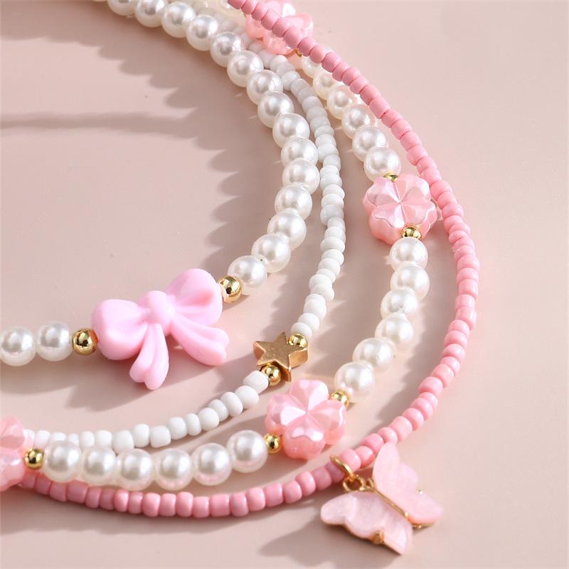 New Zircon Pink Love Butterfly Pendant Imitation Zircon Rice Beads Handmade Beaded Children Necklace Suit Good Friend Gift