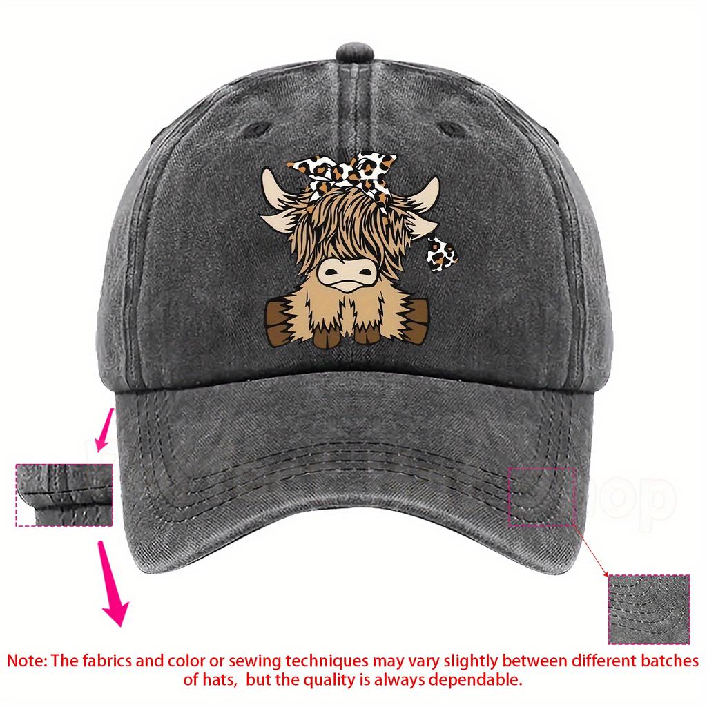 Süße Hochlandkuh Leopardenmuster Baseballkappe Lässig Verstellbar Polyester Sonnenschutz Outdoor-Kappe