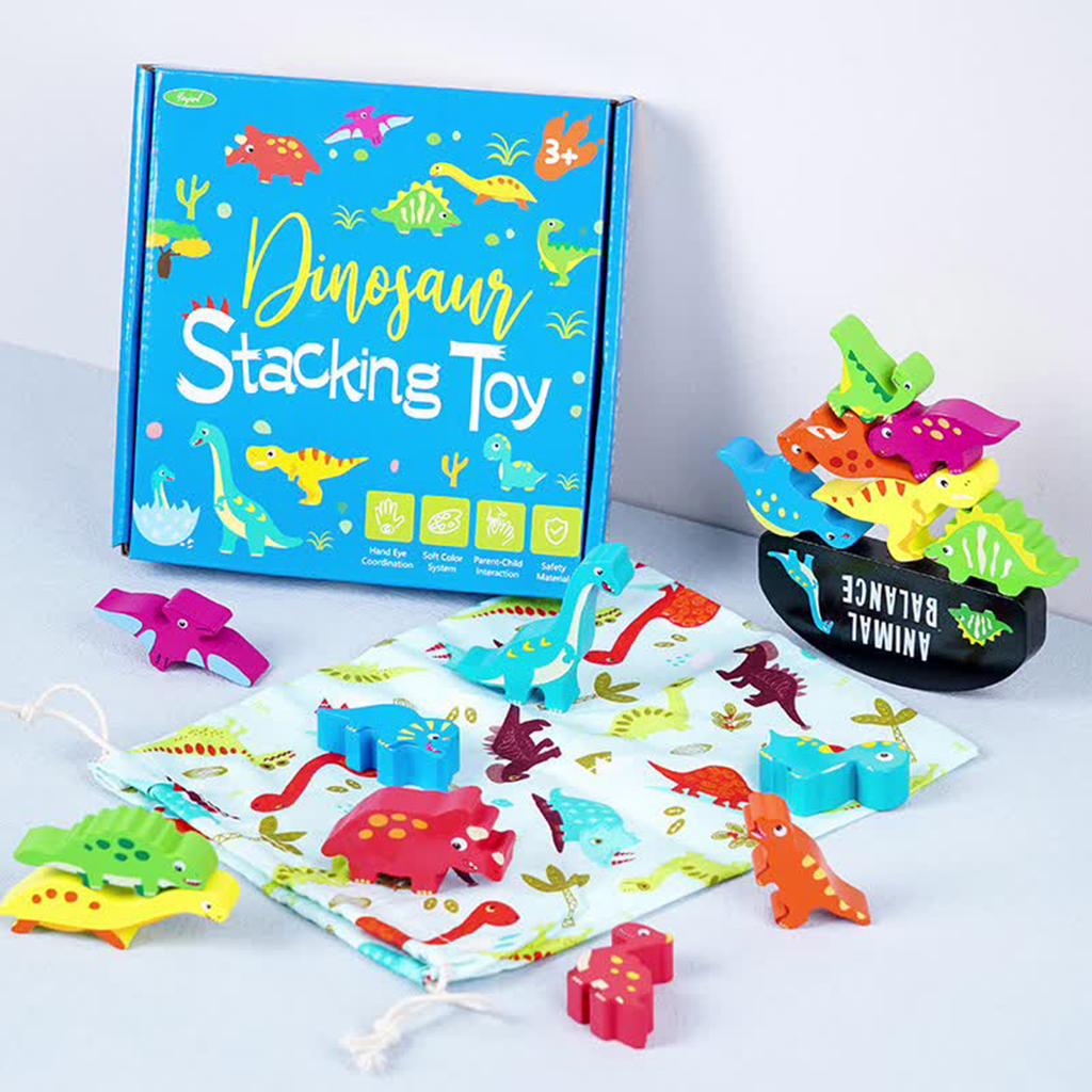 Happy Stacking Dinosaurs,Wooden Stacking Toy For Toddlers, Colorful Dinosaur Balancing Activity Toy, Improves Fine Motor Skills And Dexterity