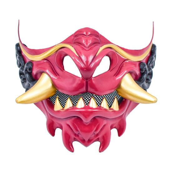 Halloween Cosplay Costume Mask Japanese Hannya Red Half Mask, Wolf Teeth & Embossed Cloud Details, Breathable Lightweight Distressed Design