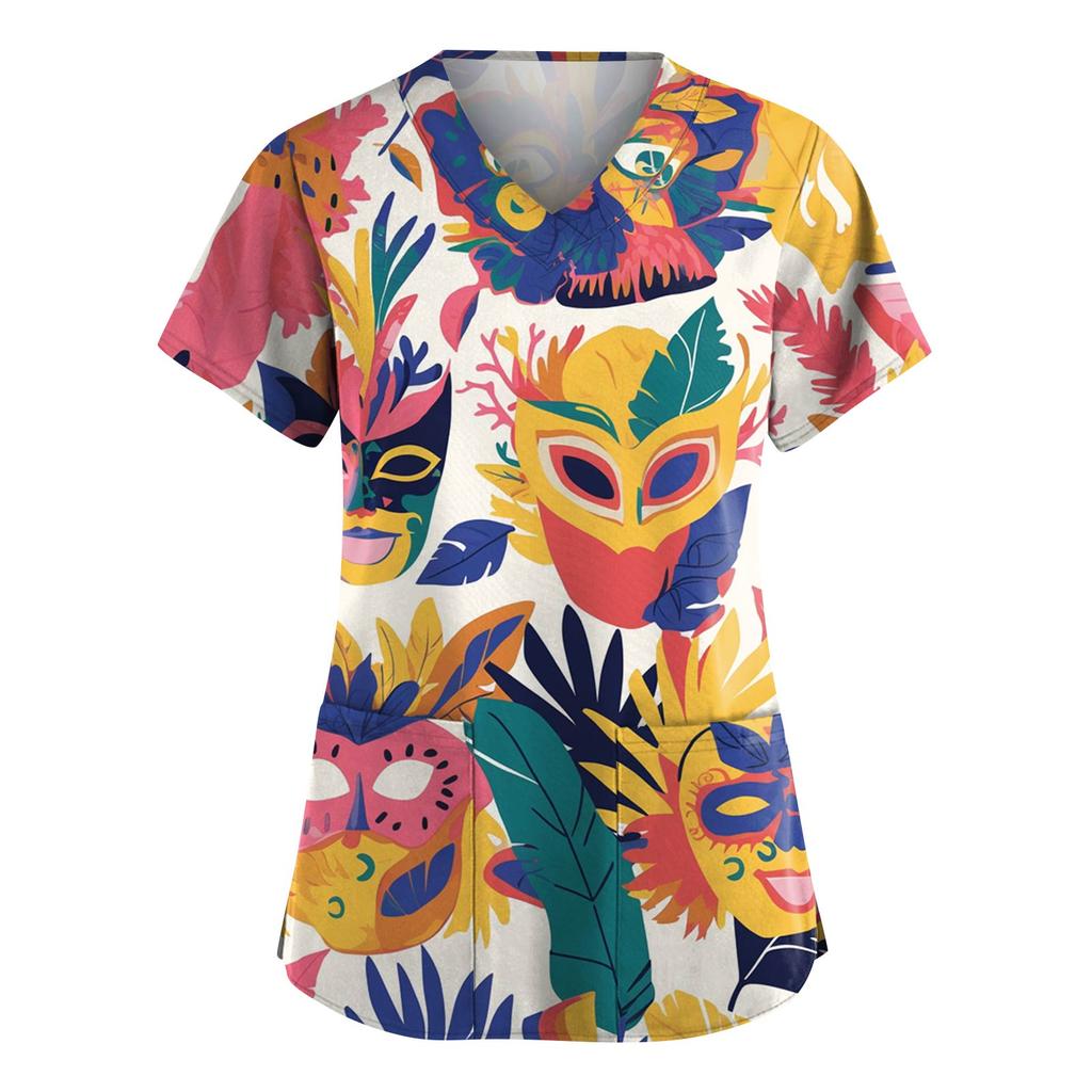 Dámský módní pracovní top s výstřihem do V a krátkým rukávem s kapsami, karnevalový potisk, uniforma pečovatele