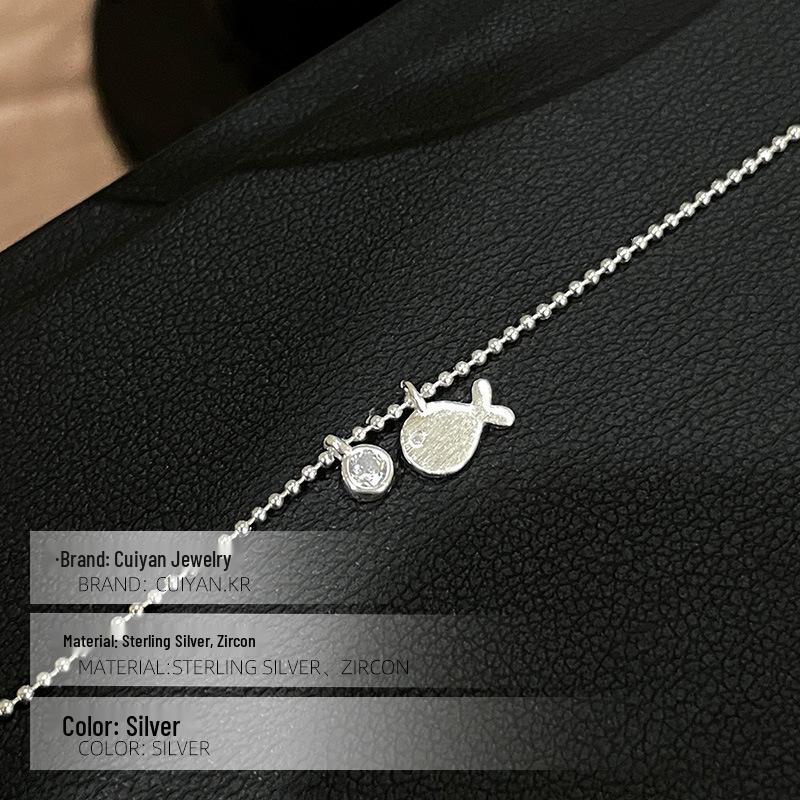 Cui Yan S925 Sterling Silver Korean Fish Round Diamond Bracelet – Women's Stackable Plain Silver Jewelry, Best Friend Gift.