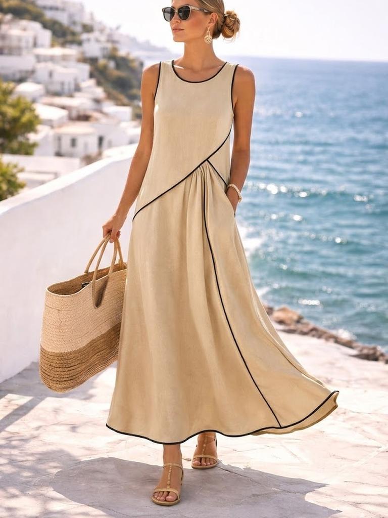 Summer New Women's Mediterranean Vacation Style Dress Women's Color Block Ruffled A-Line Dress