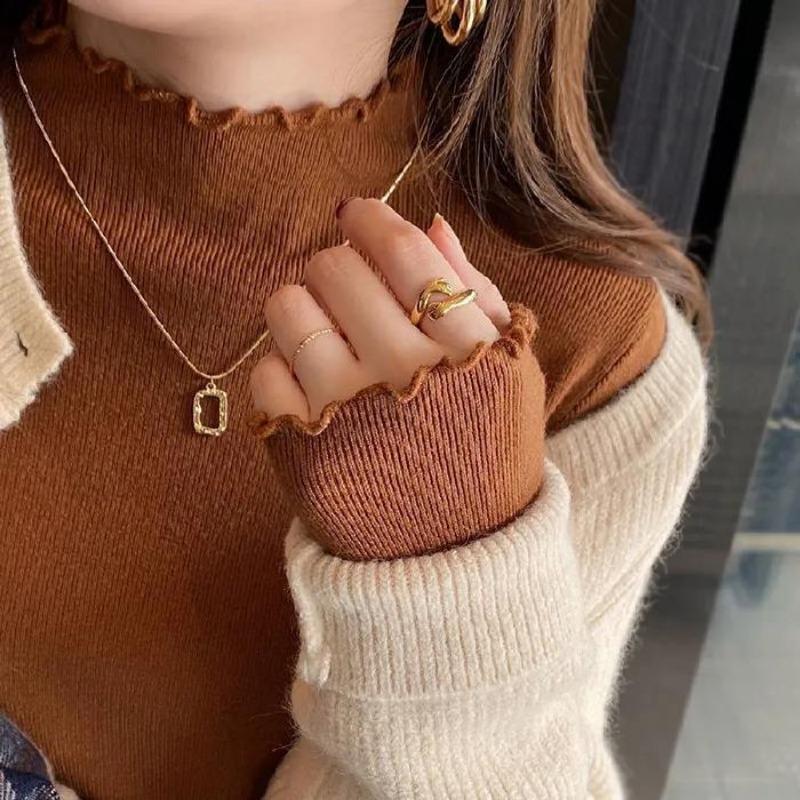 Women's Bottoming Shirt with Autumn and Winter Style New Style Half Turtleneck Sweater Knitted Top with Fungus Edge