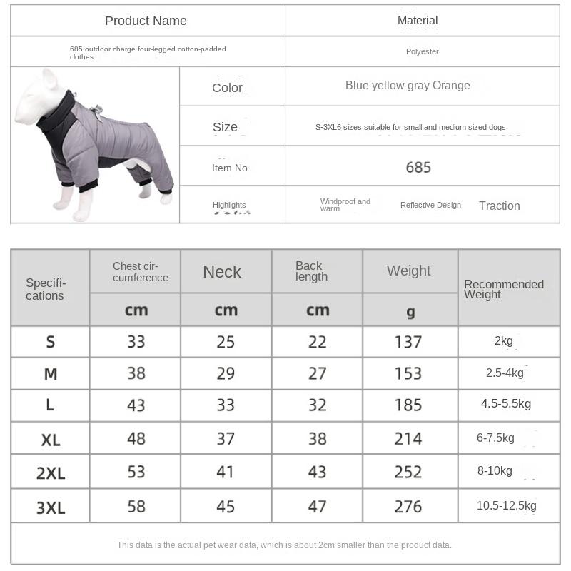 Dog Jacket Warm In Autumn and Winter Cover Belly Pet Cotton-padded Reflective Padded Dog Cotton-padded Jacket Outdoor Waterproof Clothing.