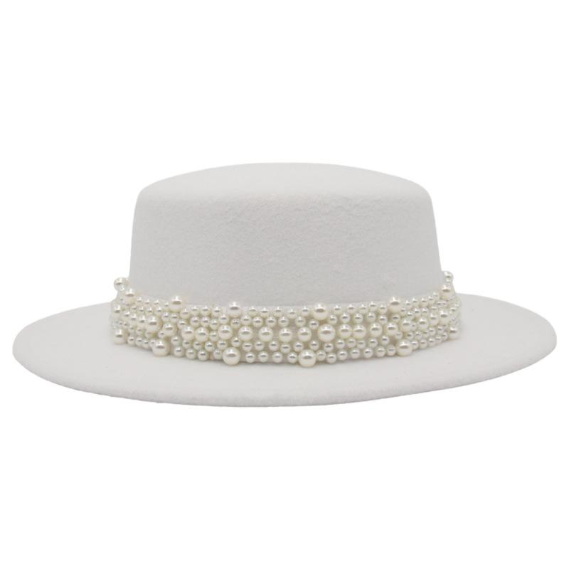 French Retro Woolen Top Hat Women'S Flat Top Pearl Felt Hat Wide Brim Sunshade Sunscreen Hat