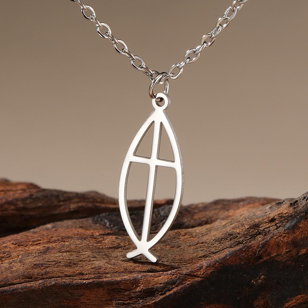 Dawapara Ichthys Jesus Fish Cross Necklace Abundance and Faith Protection Amulet Stainless Steel Christian Prayer Jewelry
