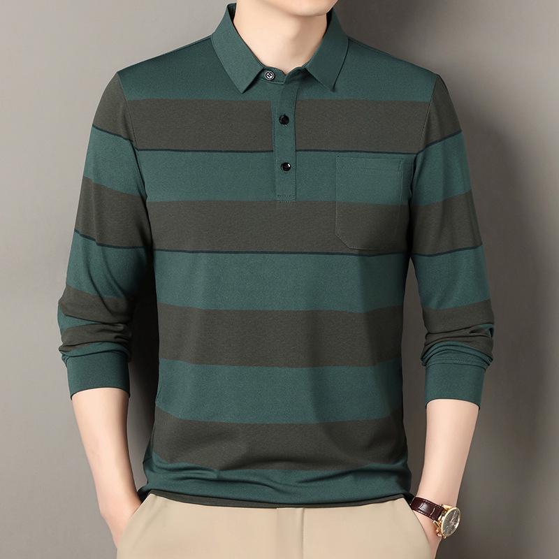 Men's Striped Long Sleeve Polo Shirt with Pockets - Casual Lapel Base Layer Top