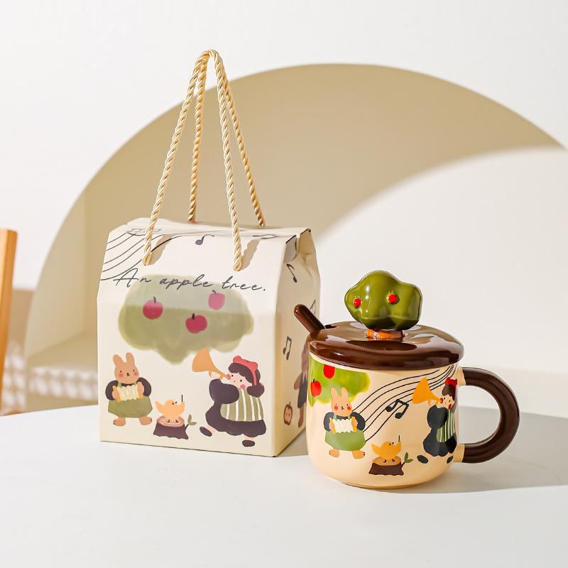 Apple Tree Girl Ceramic Vintage High Value With Lid Spoon Office Water Cup Coffee Cup Breakfast Cup