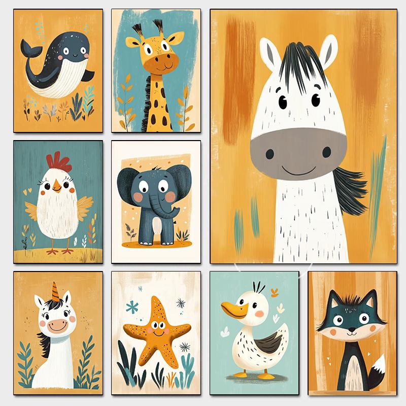 Cute Smiling Cartoon Dolphin Cow Owl Unicorn Posters Expressive Eyes Prints Canvas Painting Wall Picture Home Kid's Room Decor