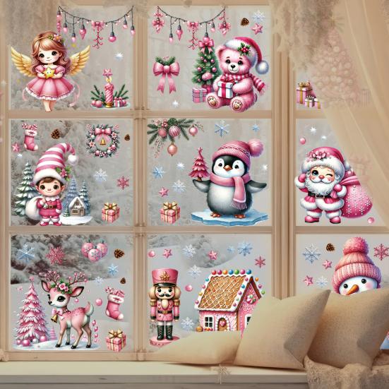 9Pcs/Set Christmas Stickers Self-adhesive Glass Film Snowman Elk Santa Claus Xmas Tree Patterns Removable