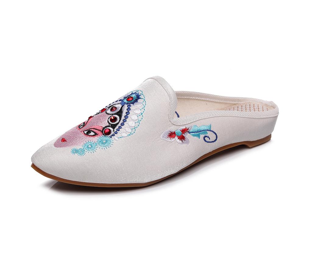 Slippers, Summer Fabric Slippers Peking Opera Huadan Face Mask Embroidered Pointed Women's Sandals