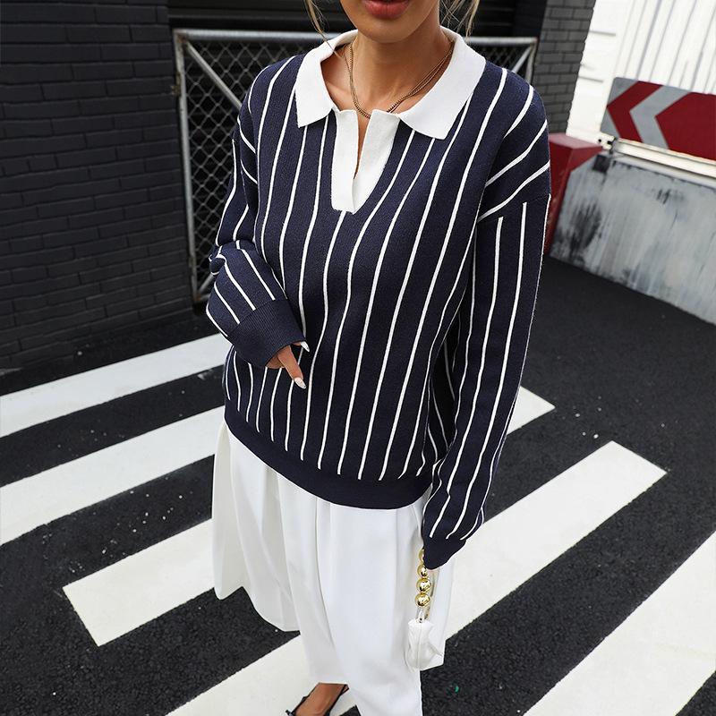 Women's Fashion Casual Spring Fall Stripe Print Long Sleeve POLO Neck Blouses Shirts